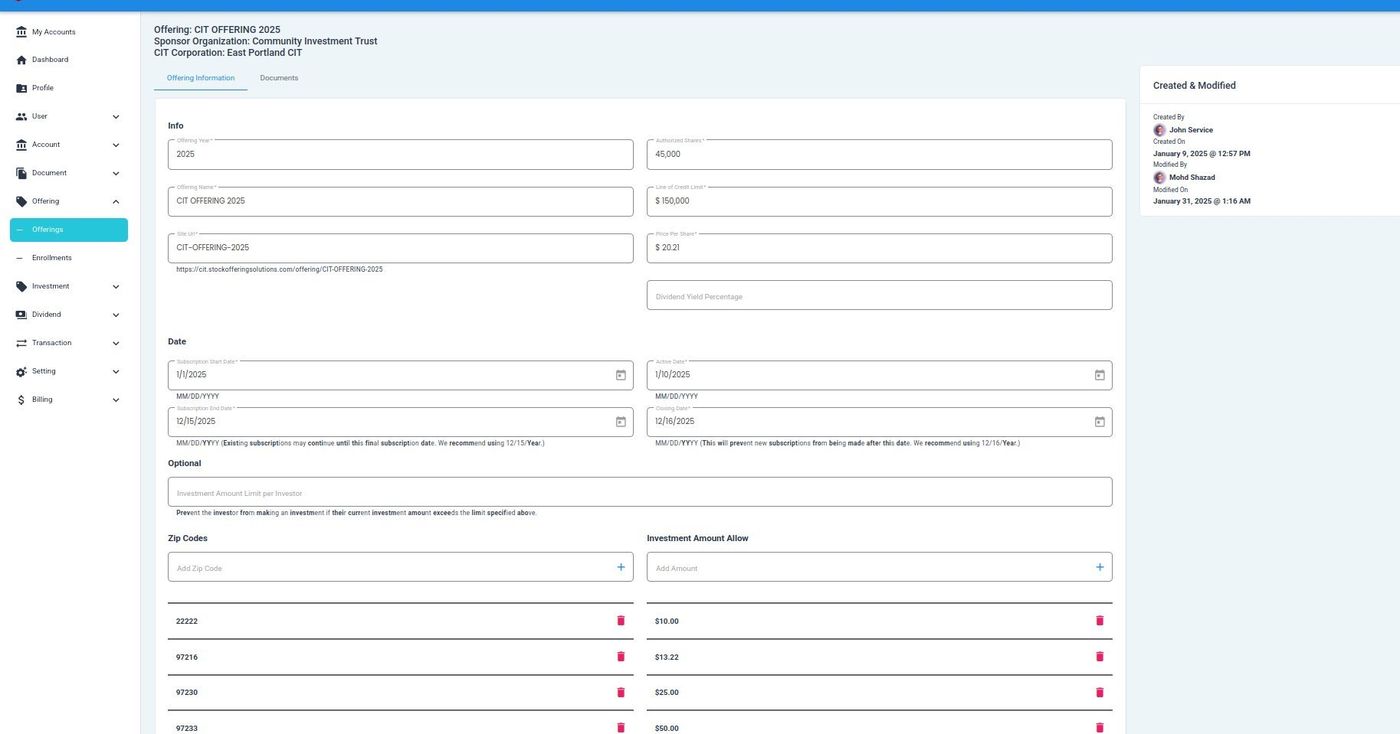 Offering Information Tab